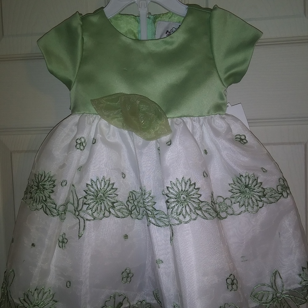 Green and white formal dress